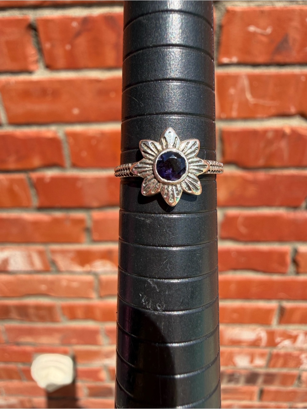 Silver Flower Ring with Deep Blue Stone